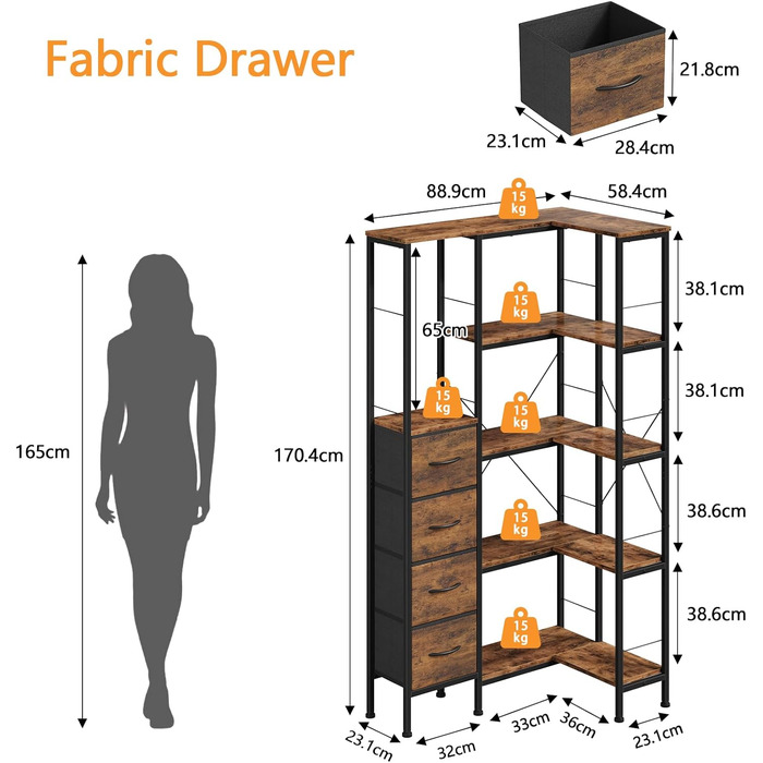 Ярусна кутова полиця, стояча, зі світлодіодним освітленням та 4 шухлядами, полиця, книжкова шафа, кухонна полиця, полиці, кутова шафа, для вітальні, спальні, офісу, кухні, вінтажний коричневий, 5-