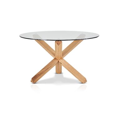 Круглий обідній стіл KHG, діаметр 130 см, скло - каркас з масиву дуба, скляна стільниця (вантажопідйомність до 90 кг) - кухонний стіл у скандинавському стилі, круглий, 130 см, скло