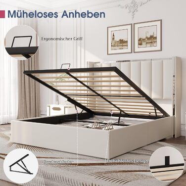 М&39яке ліжко з ящиком для зберігання речей, узголів&39ям заввишки 115 см, місцем для зберігання речей, функцією підйому та хромованим дизайном, каркас з масиву дерева оксамит (кремово-білий, 140 x 200 см) 140 x 200 см Бежевий