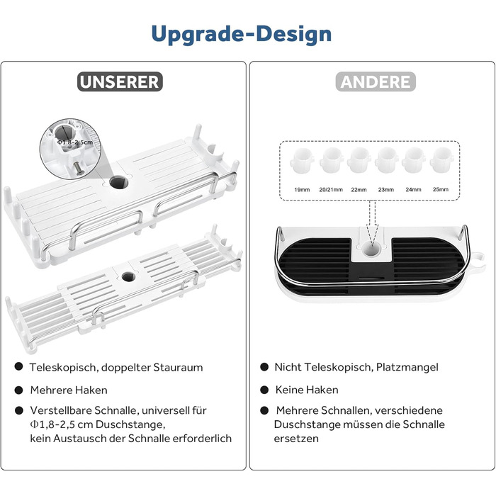Душова полиця без свердління, телескопічна 32-48 см, душова полиця для підвісного органайзера для ванної кімнати, душова полиця без свердління, стійка для зберігання душової штанги для душової штанги 18-25 мм (біла)