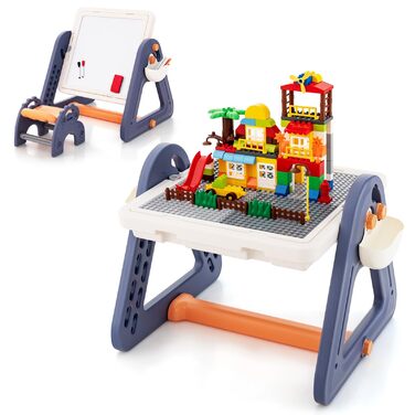 Дитячий столик GOPLUS зі стільцем, дитячий мольберт з двосторонньою стільницею та дошкою, 2 коробки для зберігання, 160 будівельних блоків, ігровий столик, робочий стіл для дітей від 3 років