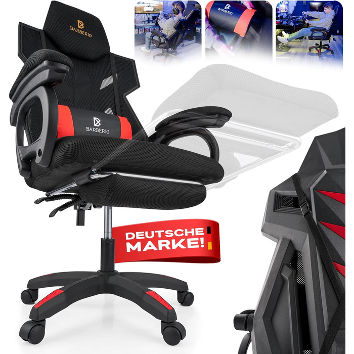 Ергономічне ігрове крісло BARBERIO, офісне крісло, вантажопідйомність 150 кг, повітропроникна сітка, з підставкою для ніг, регульовані підлокітники, сидіння 54 см, поворот на 360, подушка для поперекової підтримки, регульована висота (чорно-червоне)