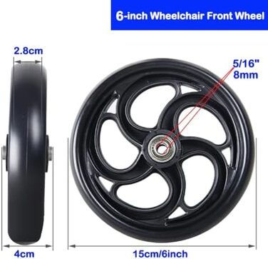 Колеса для інвалідного візка, 5 дюймів/6 дюймів/8 дюймів, запасне колесо для ходунків, передні колеса для інвалідного візка, ролики для візка, чорні протиковзкі колеса, 2 шт. и (розмір 6 дюймів/15 см) Один колір 6 дюймів/15 см