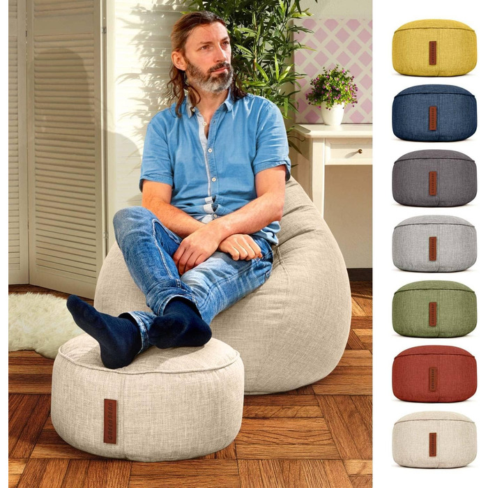 Табурет-мішок з квасолі Green Bean, домашній лляний, круглий, 45x25 см, з наповнювачем з EPS-бісеру - Пуф-підставка для ніг для квасолі-мішків - Подушка на підлогу для дітей та дорослих - Подушка на сидіння табурета Sand - Піщано-кремовий