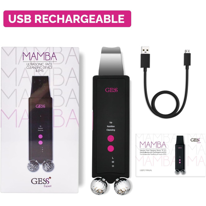 Ультразвуковий пілінг GESS з масажними роликами EMS, фонофорезом, ультразвуковим мікромасажем та міостимуляцією, 3 режими - очищення пор обличчя та видалення подвійного підборіддя для ефективного догляду за шкірою