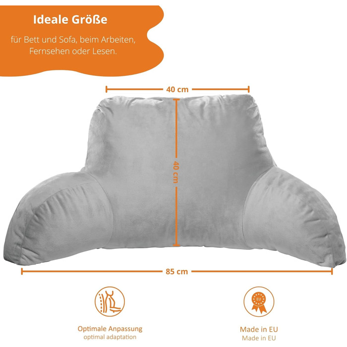 Подушка для читання для сну з підлокітниками, сірий колір, подушка для спини, подушка для сидіння 85 x 40 x 40 см, зроблено в ЄС