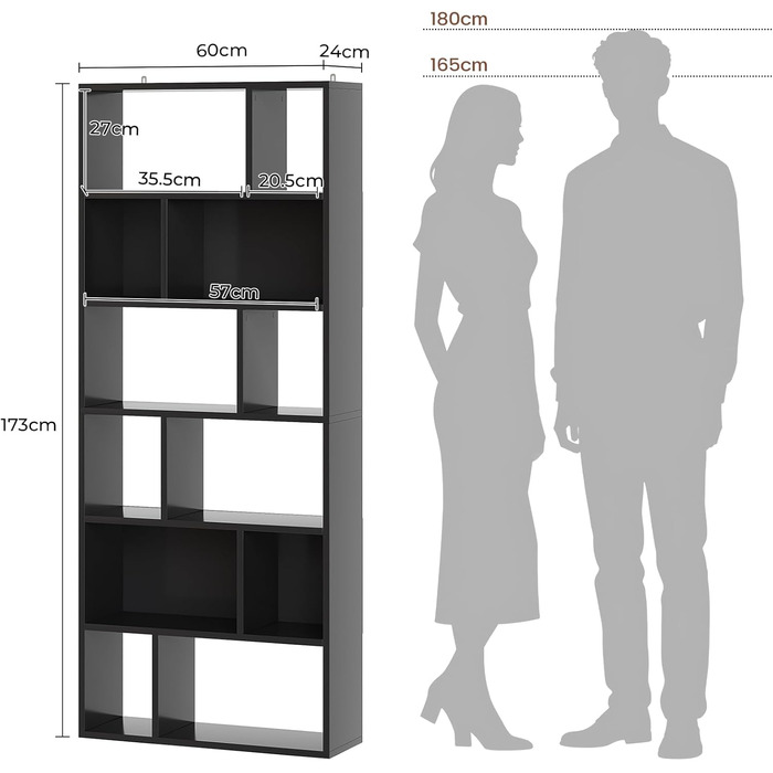 Книжкова полиця, 6-ярусна полиця, окремостояча книжкова шафа з 12 відкритими відділеннями, полиця для вітальні, спальні, ванної кімнати, офісу, сучасна, легко збирається, 173x60x24 см, чорна