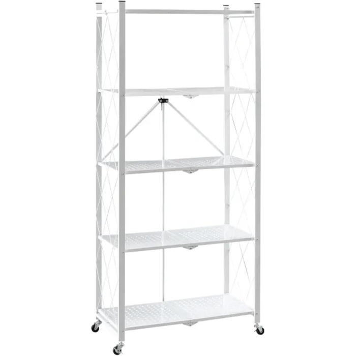 Складана полиця з колесами 5 полиць/відсіків Білий Вантажопідйомність 250 кг ВxШxГ 167x72x34 см Полиця для зберігання, металева полиця, складна полиця, 5 полиць, білий