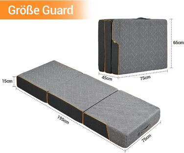 Зонний розкладний матрац 195x75x15 см, складний матрац для гостей та кемпінгу, піна з ефектом пам&39яті середньої жорсткості для оптимального комфорту сну, портативний з ручкою, сертифікований Oeko-Tex (сірий) 75x195x15 см, 7-