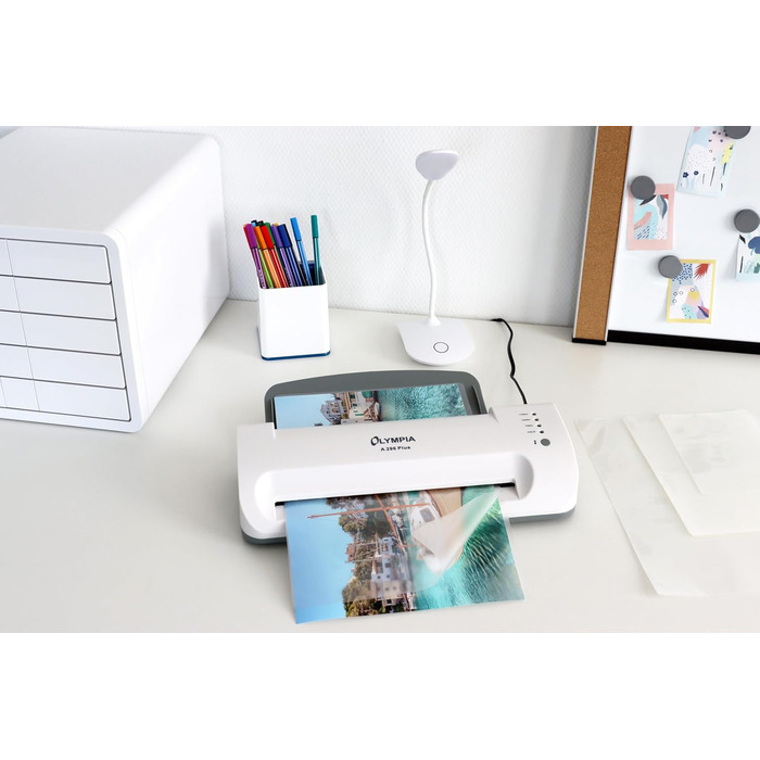 Ламінатор Olympia A 296 Plus із заднім завантаженням (80-175 мікрон, до DIN A4, візитні картки, ламінатор з плівками, комплект для ламінування для офісу, ламінатор для гарячого та холодного ламінування) одинарний