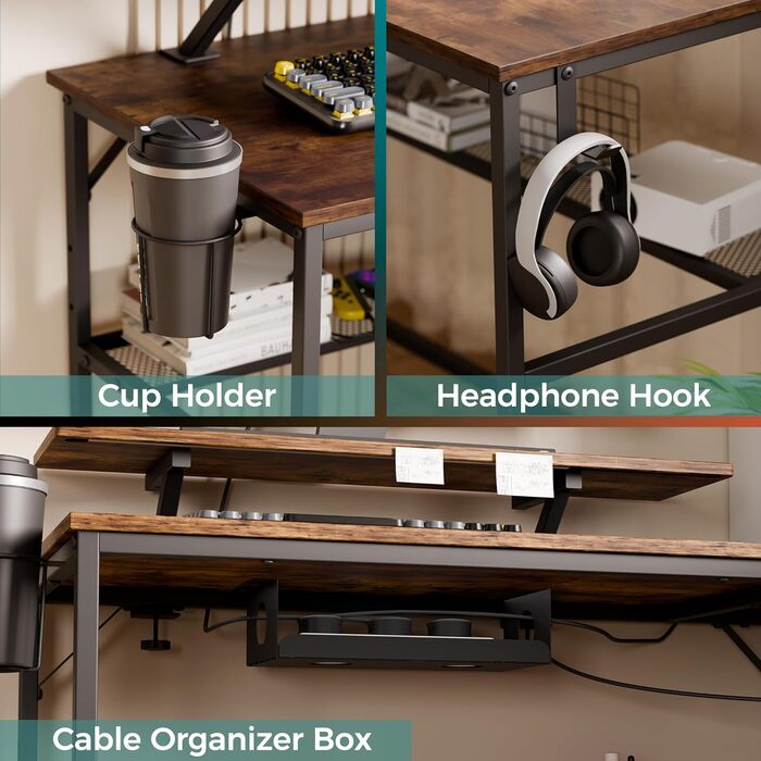 Геймерський стіл Mondeer L-подібної форми зі світлодіодним підсвічуванням, 130 x 130 см, кутовий стіл з 2 портами зарядки USB та 2 розетками живлення, двосторонній стіл з полицею та підставкою для монітора, для домашнього офісу, спальні, коричневий 130 x 