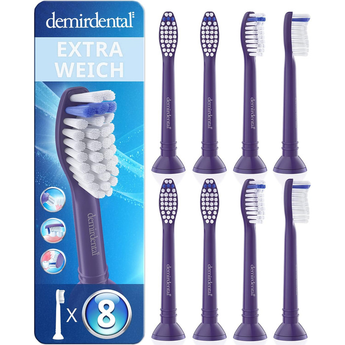Насадки demirdental Extra Soft підходять для змінних щіток Philips Sonicare, надзвичайно м'які щетинки для дуже чутливих зубів, фіолетові, HX6058ep, 8 шт.
