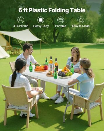 Розкладний фуршетний стіл VEVOR, портативний універсальний стіл, 180 см, прямокутний пластиковий стіл (для 4-6 осіб) з інтегрованою ручкою, садовий стіл, кемпінговий стіл для вечірок, пікніків, кемпінгу, білий