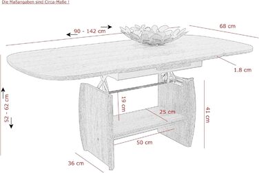 Функціональний журнальний столик Michael, імітація дерева з меламіновим покриттям, декор бука, розсувний 90-142 см, регульована висота за допомогою ручки 52-62 см