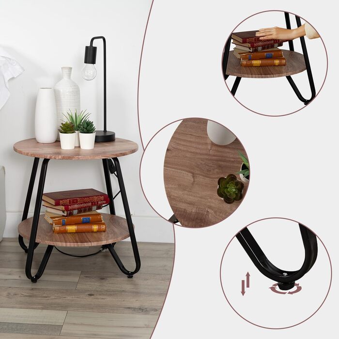 Приставний столик Журнальний столик Кругла тумбочка Журнальний столик Диван-столик з полицею для вітальні Спальні, промисловий дизайн, металевий каркас, дуб, дерево, 46x46x45 см