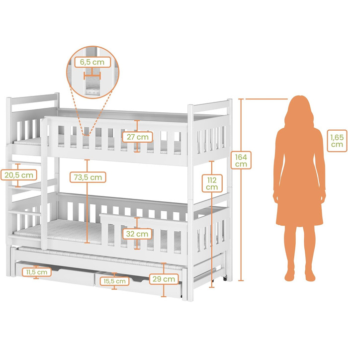 Дитяче колективне ліжко-горище 90x200 з 3 матрацами, висувне двоярусне ліжко з функцією висуву, дві шухляди, рейкова основа, захисні поручні, трансформується в ТРИ односпальні ліжка, масив дерева Білий 90x200 см 3 матраци білий - Стиль 2