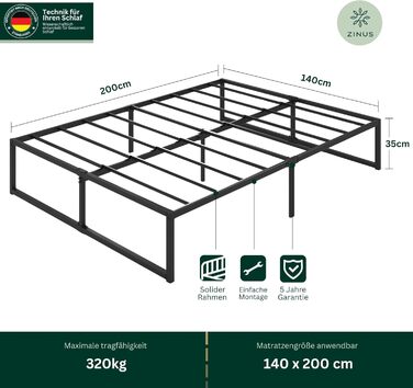 Каркас ліжка Zinus Lorelai 140x200 см - Металеве ліжко 140x200 з металевою рейковою основою - Платформа заввишки 33,5 см з простором під нею - Пружинний матрац не потрібен - Легке складання - Чорний 140 x 200 см 36 см
