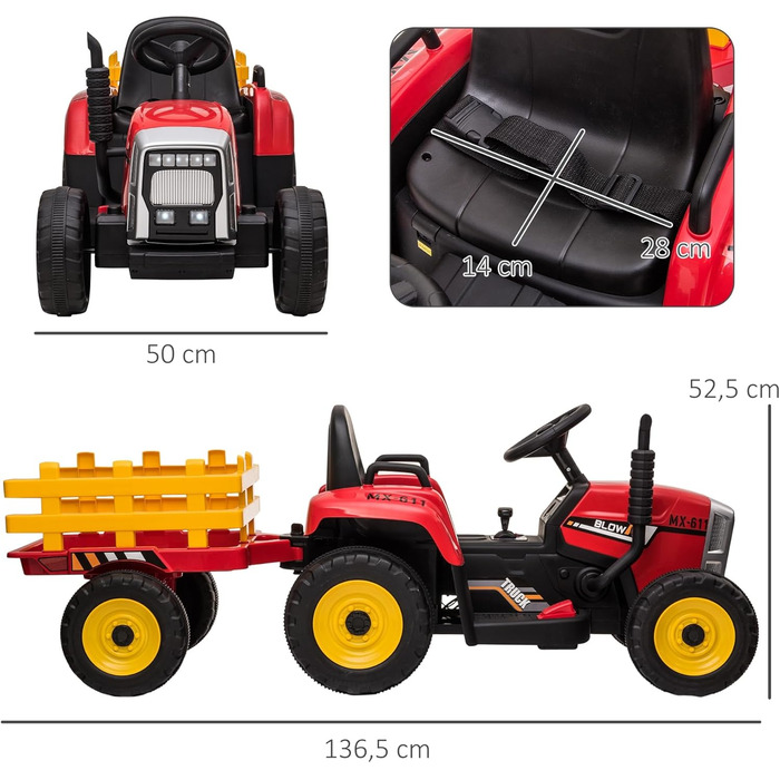 Електричний трактор з причепом, дитячий трактор на колесах з дистанційним управлінням, дитячий електромобіль з функцією MP3, дитяч