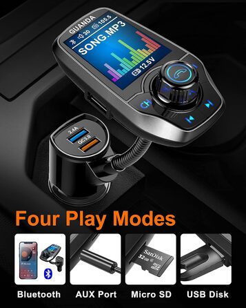 Передавач Bluetooth для автомобіля з 1,8-дюймовим кольоровим екраном Bluetooth Гучний зв'язок Автомобільний радіоадаптер Bluetooth 4 в 1 MP3-плеєр AUX 2 порти USB SD/TF карта (QC3.0 2.4A/5V сріблястий)