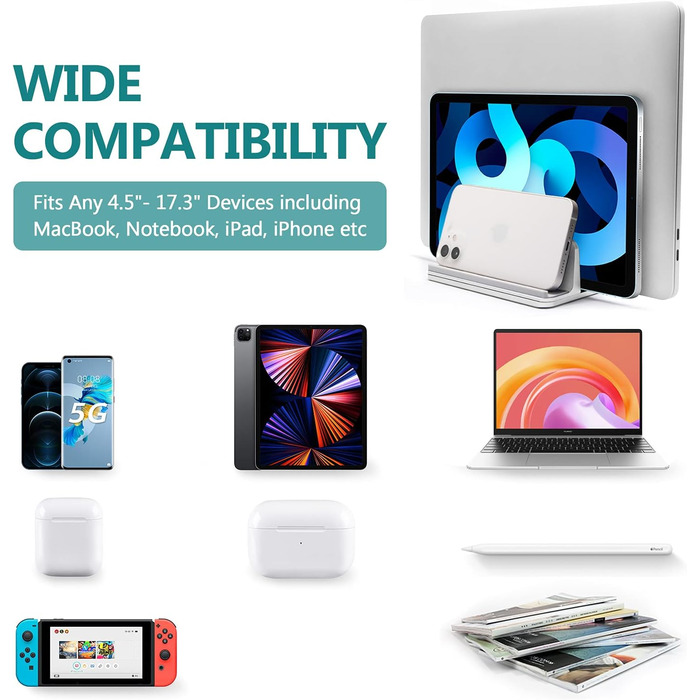 Вертикальна підставка для ноутбука з металу, подвійне регулювання, 4 слоти, для MacBook, HP, Chromebook до 17.5 дюймів (44.5 см) срібляста