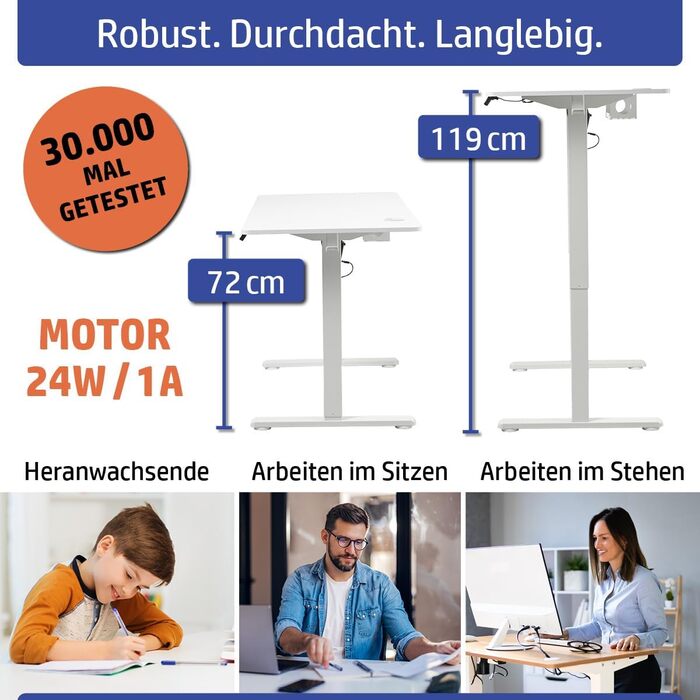 Стіл FlexxPro з регульованою висотою 3 розміри та 2 кольори Безперервна робоча поверхня Включно зі світлодіодною панеллю керування та системою керування кабелями Електричне регулювання та ергономічний 100x60 см, білий