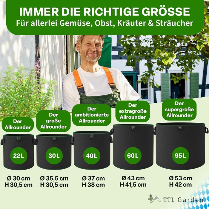 Мішки для посадки рослин TTL GARDEN 10 x 22 л з нетканого матеріалу - Набір з 10 шт. (20 л 10 22 літри) - Мішки для посадки з фетру та нетканого матеріалу 300 г/м - Контейнери для посадки на балкон, терасу, теплицю та саду - 22 літри - Набір з 10 шт. - Ун