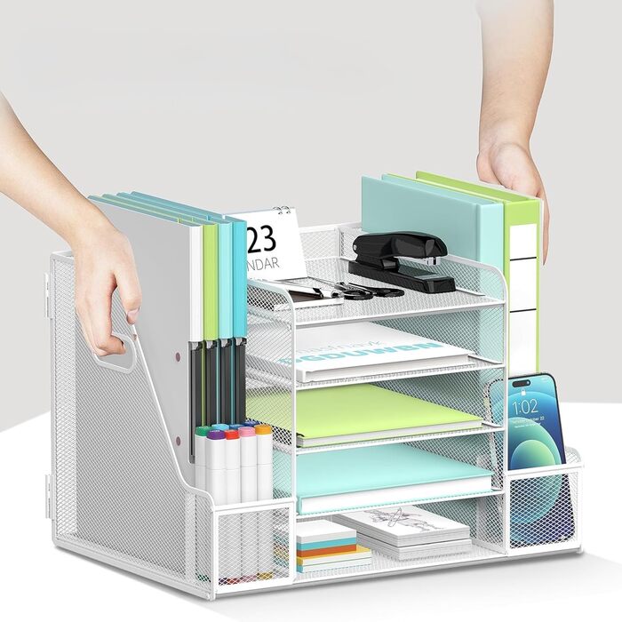 Сітчастий настільний органайзер з тримачами для файлів, 5-ярусний органайзер для лотків для паперу та листів з тримачами для журналів, настільний органайзер та місце для зберігання з шухлядою для офісного приладдя вдома чи в школі, білий