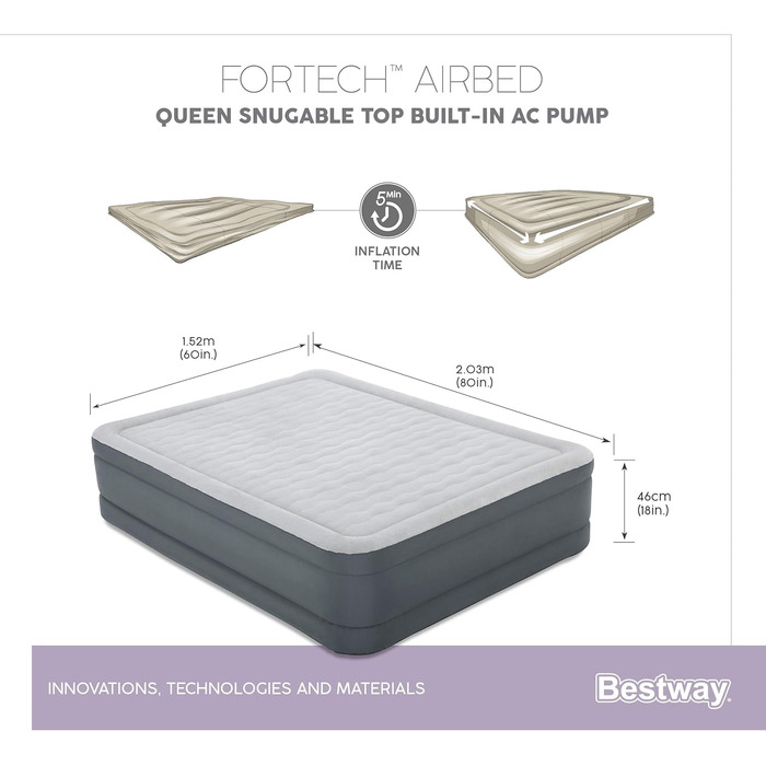 Надувний ліжко Bestway Fortech Snuugable Top 203 x 152 x 46 см, з вбудованим електронасосом