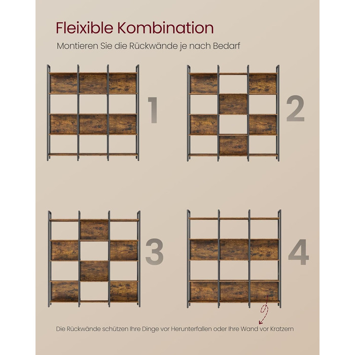 Книжкова полиця VASAGLE, кухонна полиця, окремостояча полиця з 5 відкритими полицями, для коридору, кухні, офісу, міцна сталева рама, промисловий дизайн, 24 x 128 x 154,1 см, вінтажний коричнево-чорний LLS150K01 24 x 128 x 154,1 см (5 рівнів)