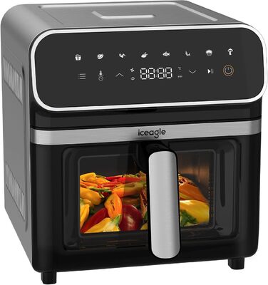 Фритюрниця Iceagle 6.7 л Airfryer XXL - фритюрниця 2200 Вт з подвійним нагріванням, фритюрниця з 8 програмами, оглядове вікно, світлодіодний сенсорний екран, книга рецептів, чорна 6.7 л