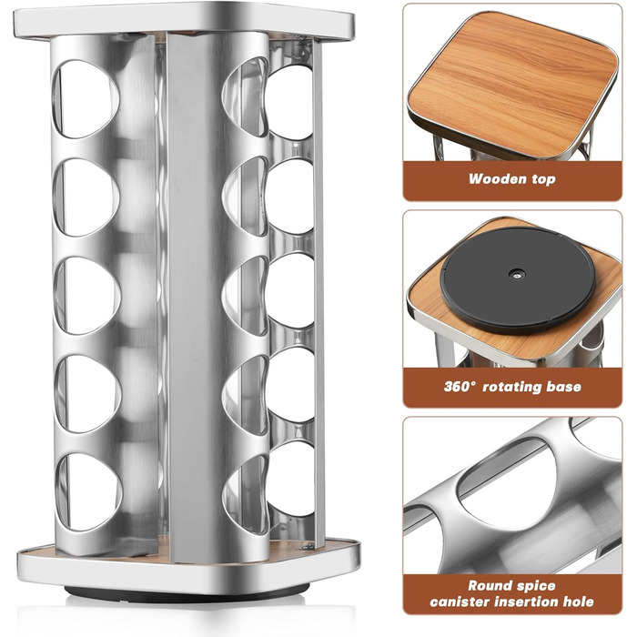 Підставка для спецій FRIBERG з 20 круглими банками для спецій, 100 мл, карусель для спецій з нержавіючої сталі, що обертається на 360, стійка для спецій з лійкою, етикеткою, ручкою та щіткою для чищення, срібляста 20