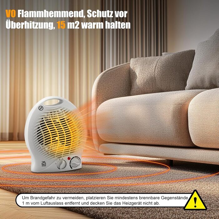 Портативний електричний обігрівач потужністю 2000 Вт з 3 режимами (холодне повітря/1000 Вт/2000 Вт) для приміщень площею до 15 м, захист від перекидання, захист від перегріву, тихий та енергозберігаючий з мідним двигуном для спалень та офісів