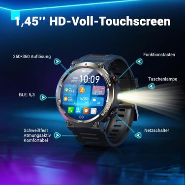 Розумний годинник Blackview для чоловіків, підсвічування, компас, водонепроникність IP68, 100 днів роботи від батареї, сенсорний екран 1,45 дюйма, Bluetooth-дзвінки, монітор серцевого ритму, аналіз сну, спортивний годинник із понад 100 спортивними режимам