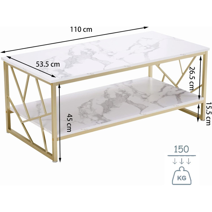 Журнальний столик 110x50 см - Білий стіл для вітальні з місцем для зберігання, столики для дивана з МДФ під мармур, сучасний журнальний столик для вітальні 110 x 50 см білий