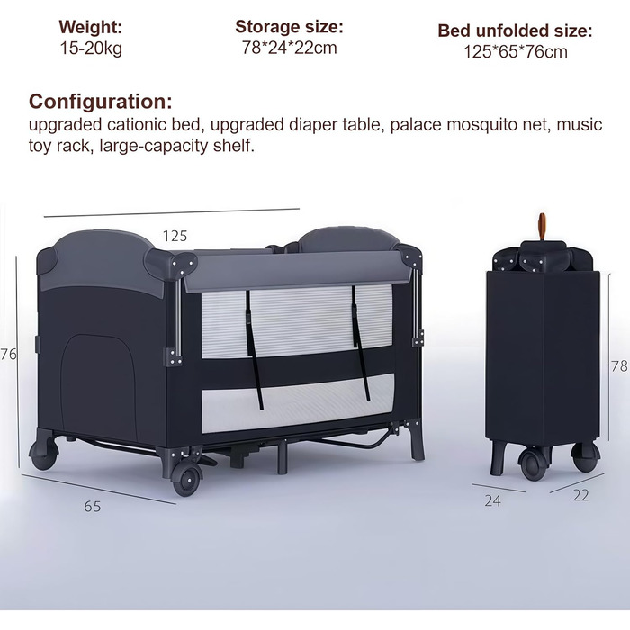 Дитяче ліжечко Pack and Play, складне та портативне приліжкове ліжечко, великий ігровий майданчик з матрацом та пеленальний столик (6602 сірого кольору без сітки) 6602 сірого кольору без розкішної москітної сітки