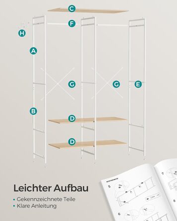 Відкрита шафа, вішалка для одягу, вішалка для пальто, шафа з рейкою для одягу, полиці, знімні гачки, 40 x 94,5 x 180 см, натуральний бежевий RGR004W67 Натуральний бежевий 40 x 94,5 x 180 см