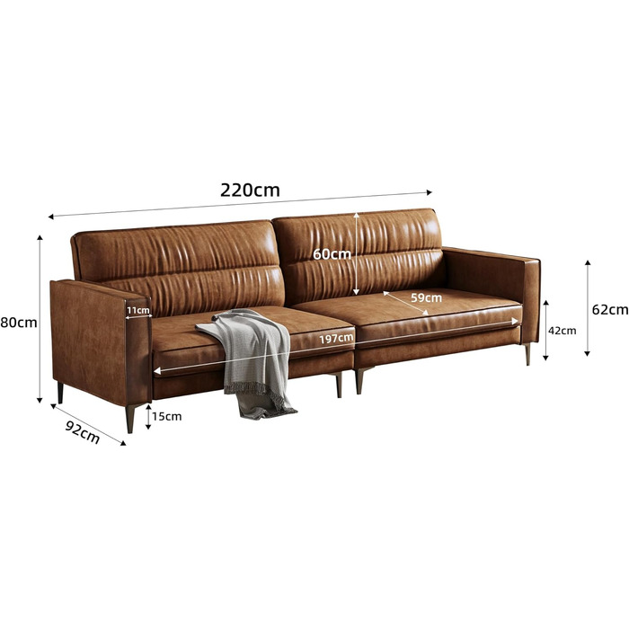 Місний диван під вінтажну шкіру Компактний диван зі штучної шкіри з ґудзиками, металевими ніжками та прямими підлокітниками, коричневий Ретро-диван для вітальні, офісу або невеликої квартири (гладка версія) 220 см гладка версія, 3-