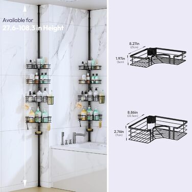 Кутова полиця для душу телескопічна SWTYMIKI - 4-ярусна, з мильницею, тримачем для зубних щіток та 4 гачками, регульована, з нержавіючої сталі, монтаж без свердління, 70-275 см, чорна