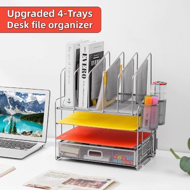 Органайзер для столу Marbrasse, 4-ярусний лоток для паперу та листів з висувними ящиками, 5 вертикальних лотків для документів та 2 тримачі для ручок, сітчастий настільний органайзер для зберігання домашнього та офісного приладдя (сріблястий)