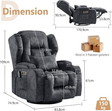 Моторне електричне регульоване крісло-реклайнер з функцією нахилу, поворотне крісло для телевізора з масажем та підігрівом, крісло для кінотеатру з USB/LED/Type C, до 150 кг (оксамитово-сірий, 1) Оксамитово-сірий 1, 2-