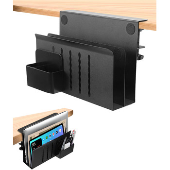 Підставка для ноутбука та планшета на стіл, бічна полиця для зберігання, двоярусна з тримачем для ручок (чорна)