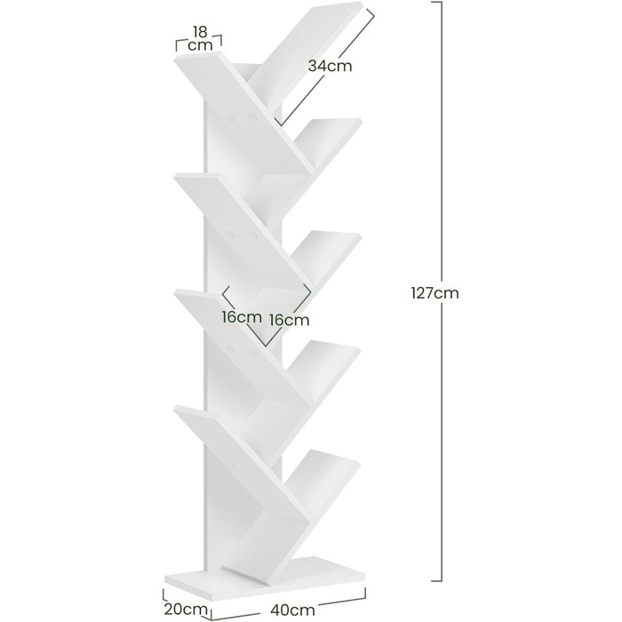 Книжкова полиця EUGAD у формі дерева, окремостояча полиця для CD/DVD з 9 полицями, полиця для зберігання, кутова полиця для спальні, вітальні, 40x127x20 см, білий