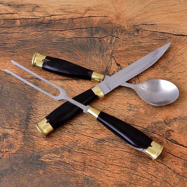 Середньовічний набір столових приборів, кований вручну. Ручка виготовлена з буйволячого рогу. MAQ4527 Чорний