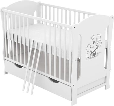Дитяче ліжко Generic Baby Deluxe 60x120, що трансформується в дитяче ліжко білого кольору з шухлядою та матрацом з алое вера з регульованою висотою та знімними прутами (Lia White)