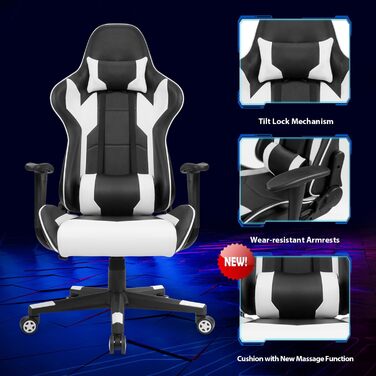 Ігрове крісло Homall, ергономічне офісне крісло, поворотне крісло з високою спинкою, крісло для ПК з регульованим кутом нахилу, підголівником та поперековою опорою (біле), дуже велике