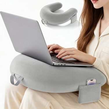 Подушка для ігор та читання з боковими кишенями для зберігання подушка для колін для дорослих, губчаста ігрова подушка для читання на колінах для сидіння на ліжку/дивані/підлозі (сіра)