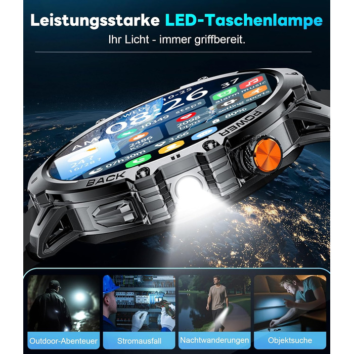 Розумний годинник LIGE Military для чоловіків (3 ремінці) - 1000 мАг/1,85 дюйма HD великий сенсорний екран/світлодіодна підсвітка, фітнес-годинник з понад 110 спортивними режимами, відстеження серцевого ритму/сну, спортивний годинник для iOS/Android, наси