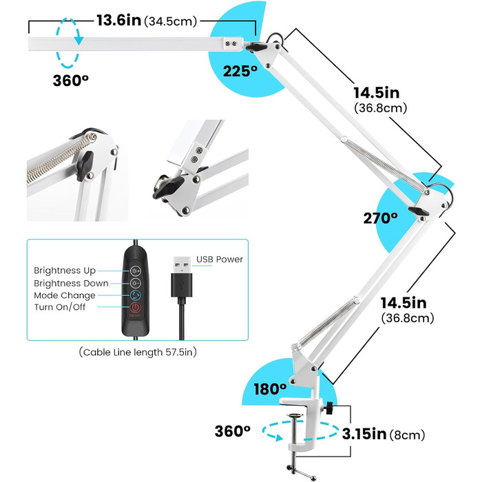 Настільна лампа BIENSER Світлодіодна затискна, 14 Вт затискач на гусячій шиї, робоча лампа 1100LM Architect Lamp 5 кольорів x 10 рівнів яскравості з можливістю регулювання яскравості, затискна лампа для захисту очей, офісна настільна лампа, білий (поворот