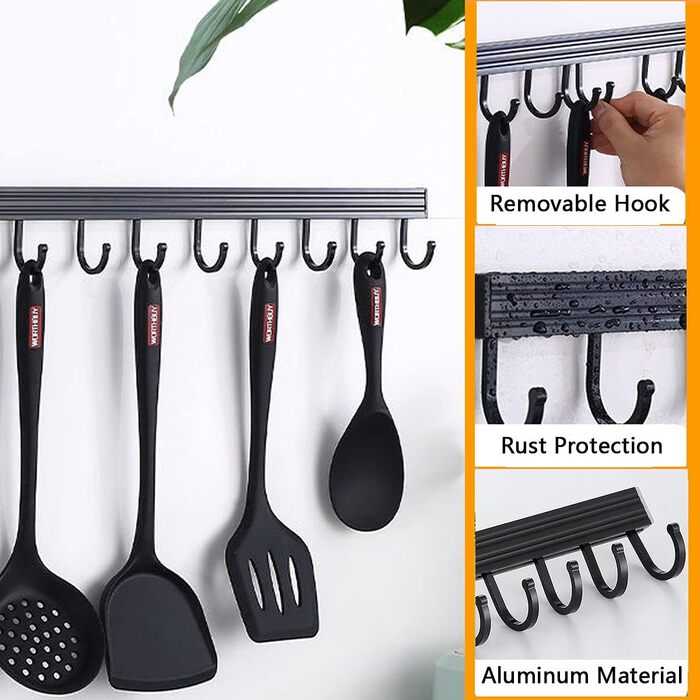 Настінна полиця для спецій, не потребує свердління, комплект з 2 шт. з кухонною штангою, підвісна кухонна полиця, полиця для спецій на дверцята шаф, полиця для душу з нержавіючої сталі для кухні, ванної кімнати, балкону, 35 x 12 x 5,7 см, чорна