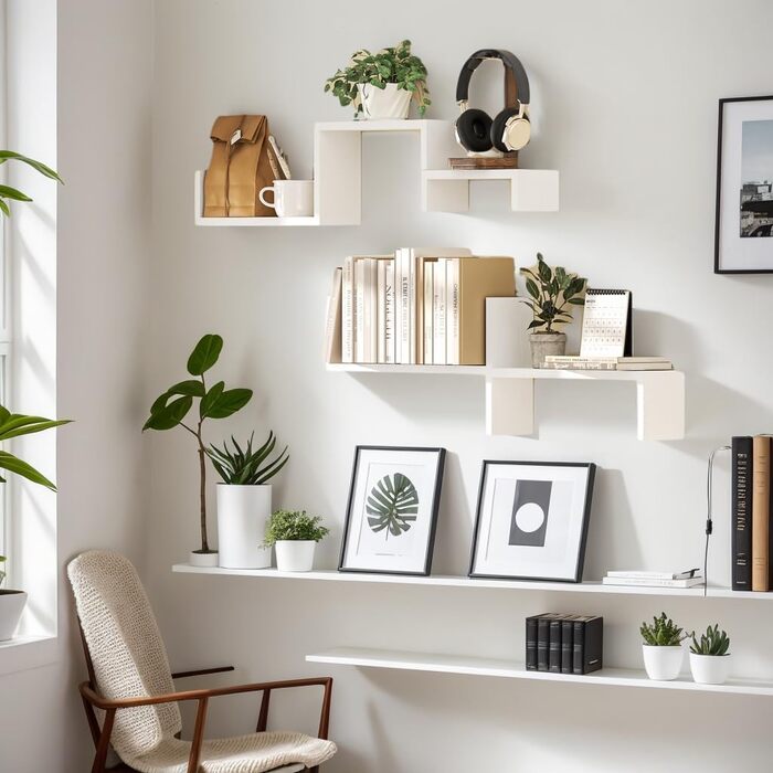 Настінна полиця SRIWATANA Біла, 5 шт. , дерев&39яна настінна полиця, плаваючі полиці, максимальне навантаження 40 кг, сучасний декор настінних дощок, настінні підвісні полиці своїми руками для вітальні, ванної кімнати, спальні, офісу, кухні (чисто біла)